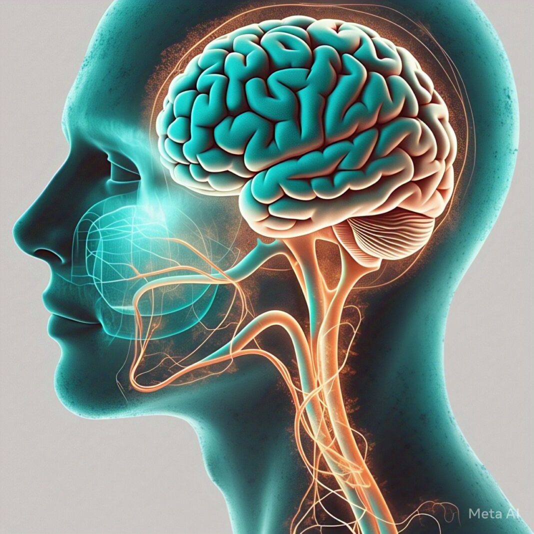 Illustration of a human silhouette showing the connection between the brain and digestive system, with a glowing neural pathway symbolizing the link between gut health and mental well-being. Soft colors and a calming design emphasize a holistic wellness theme.