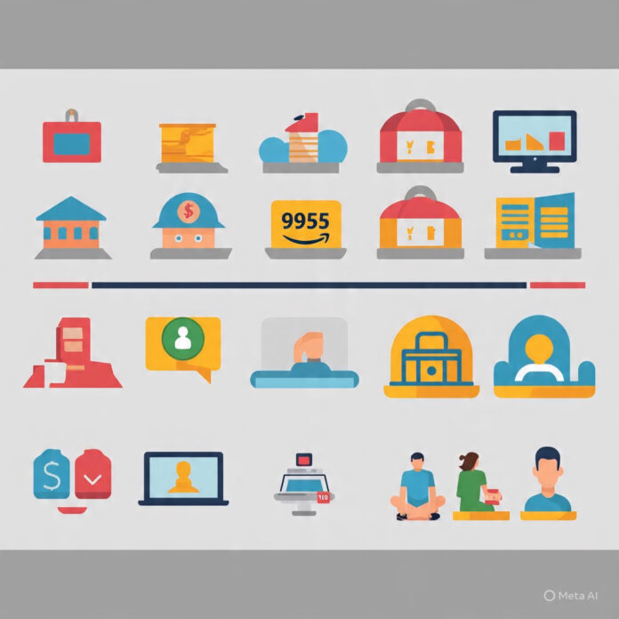 Retail evolution timeline from 1990s brick-and-mortar stores to Amazon’s launch and modern e-commerce, showing key milestones in shopping technology.