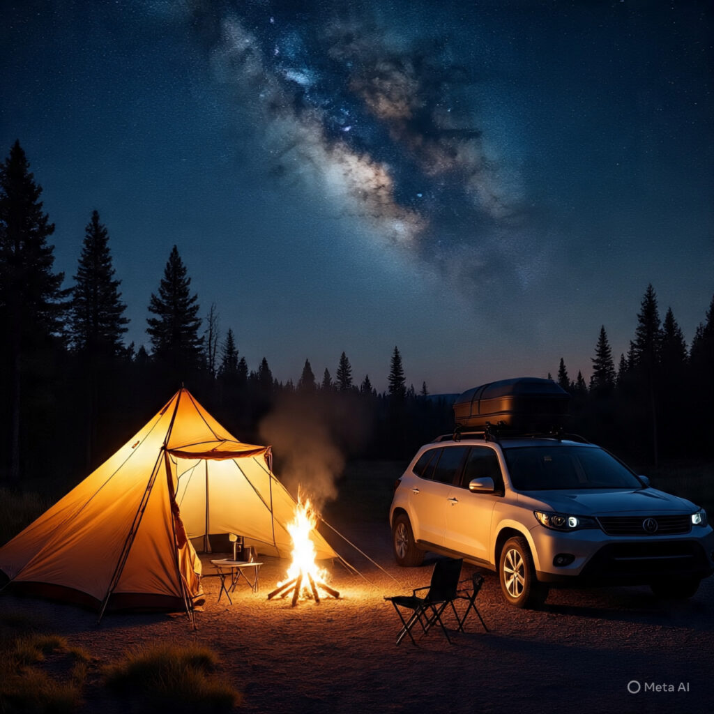 Tent and car setup at a national park campground under a starry sky