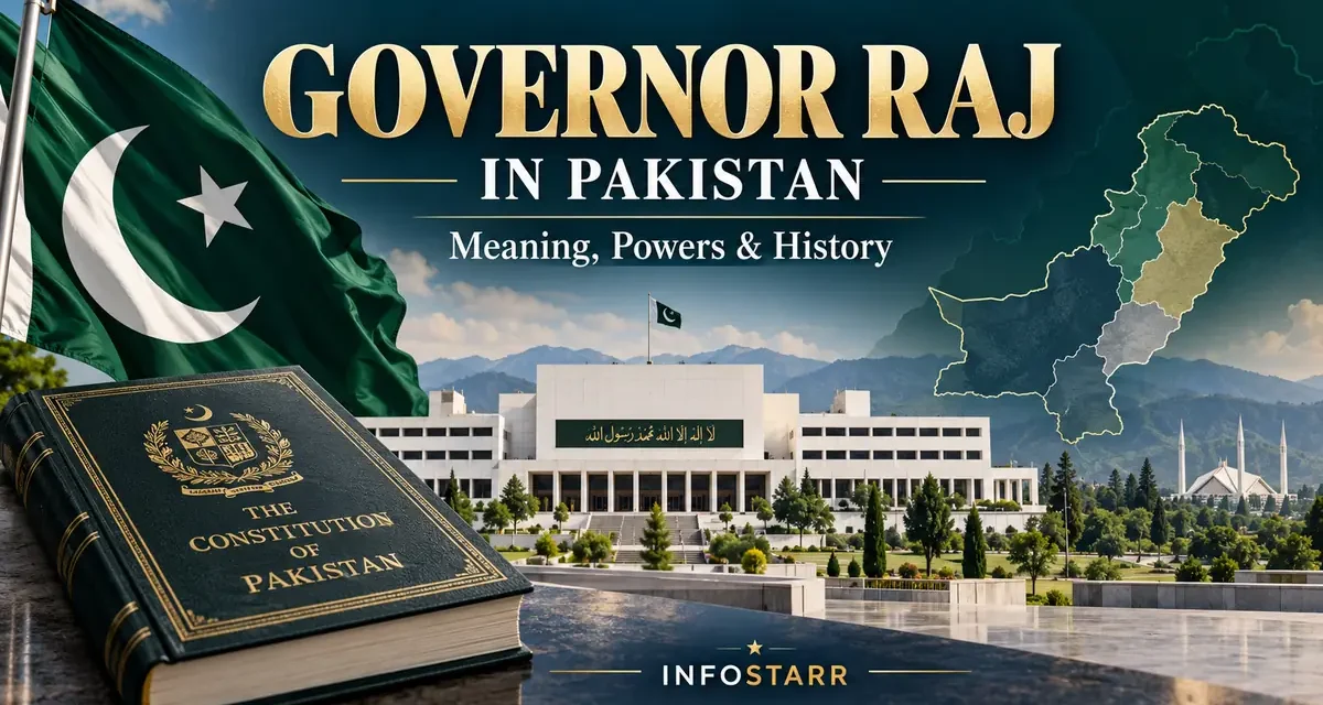Pakistan’s Parliament building, national flag and Constitution book illustrating Governor Raj and its constitutional powers.