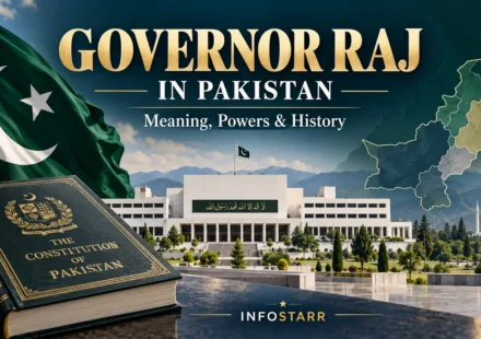 Pakistan’s Parliament building, national flag and Constitution book illustrating Governor Raj and its constitutional powers.
