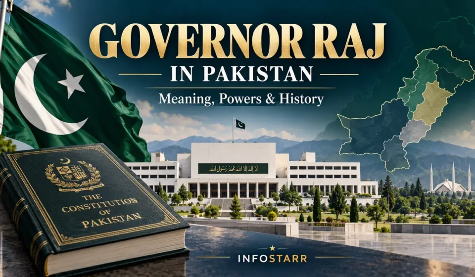 Pakistan’s Parliament building, national flag and Constitution book illustrating Governor Raj and its constitutional powers.